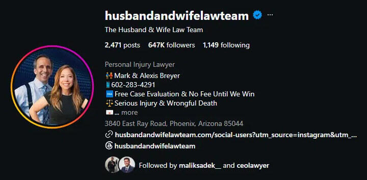 The Husband & Wife Law Team Instagram profile, 647K followers, verified